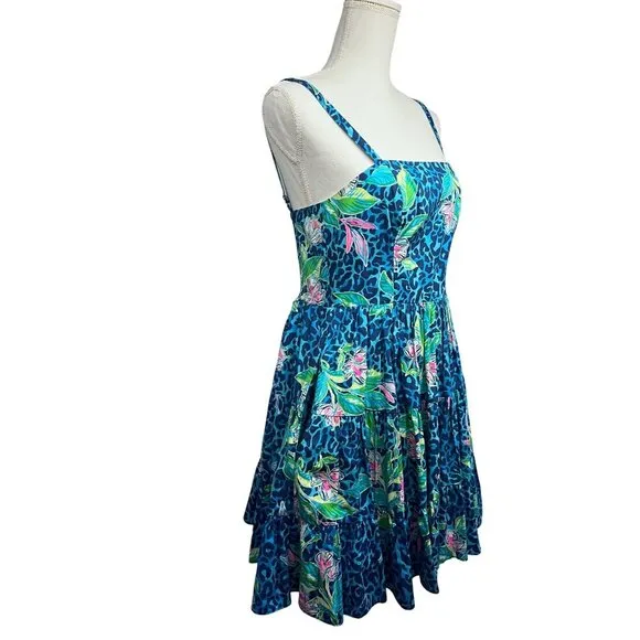 Lilly Pulitzer Womens Vintage Blue Green Floral Hawaiian Fit &amp; Flare Midi Dress