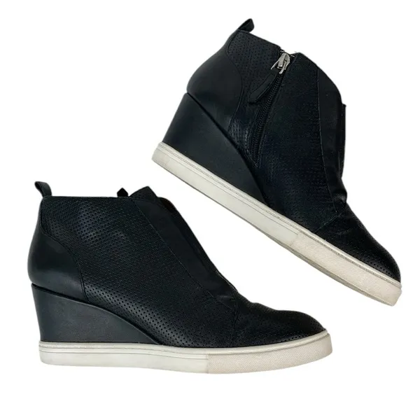 Linea Paolo Felicia Black Perforated Leather Wedge Sneaker, Size 8