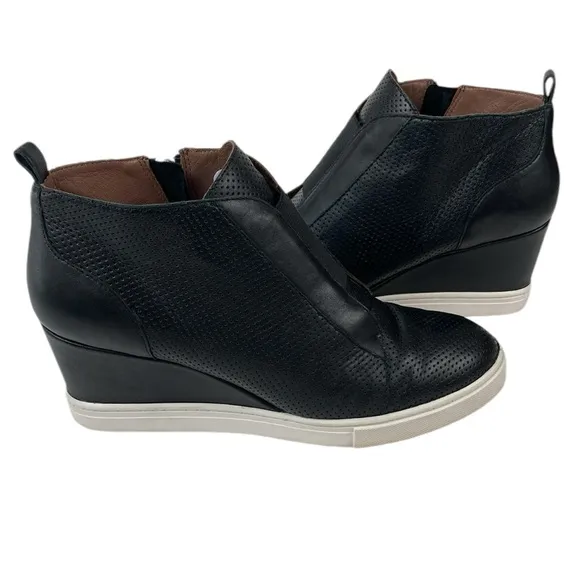 Linea Paolo Felicia Black Perforated Leather Wedge Sneaker, Size 8