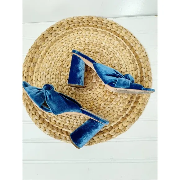 Loeffler Randall Coco Velvet Knotted Mules Block Heels Royal Blue 6.5