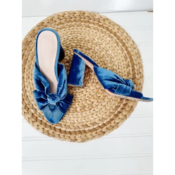Loeffler Randall Coco Velvet Knotted Mules Block Heels Royal Blue 6.5
