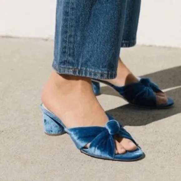 Loeffler Randall Coco Velvet Knotted Mules Block Heels Royal Blue 6.5