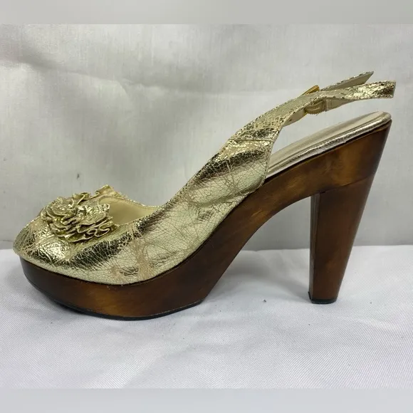 Loeffler Randall Open Toe Slingback 2.5&quot; Platform Heels Distressed Metallic Gold