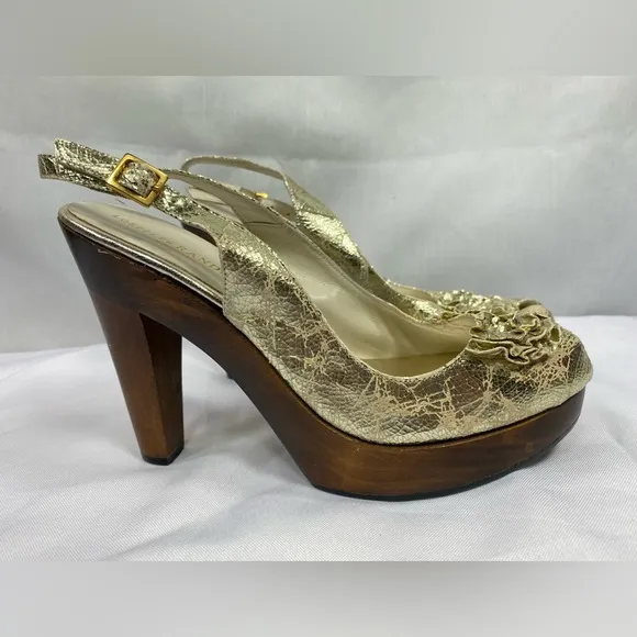 Loeffler Randall Open Toe Slingback 2.5&quot; Platform Heels Distressed Metallic Gold