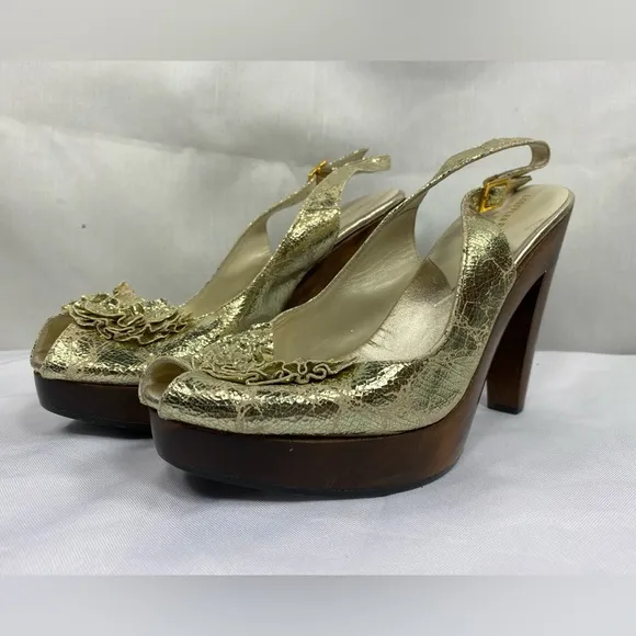 Loeffler Randall Open Toe Slingback 2.5&quot; Platform Heels Distressed Metallic Gold