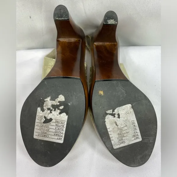 Loeffler Randall Open Toe Slingback 2.5&quot; Platform Heels Distressed Metallic Gold