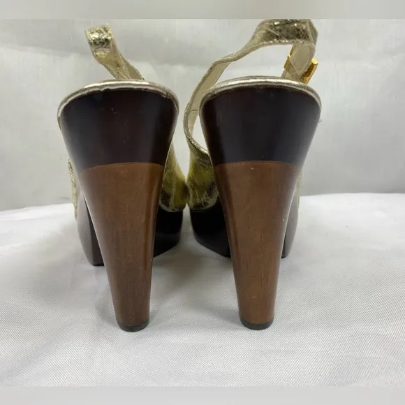 Loeffler Randall Open Toe Slingback 2.5&quot; Platform Heels Distressed Metallic Gold