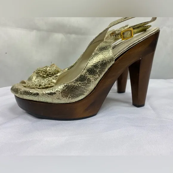 Loeffler Randall Open Toe Slingback 2.5&quot; Platform Heels Distressed Metallic Gold