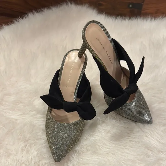 Loeffler Randall Silver and Black Kitten Heels with Bow Mule Size 8 pre-owned.