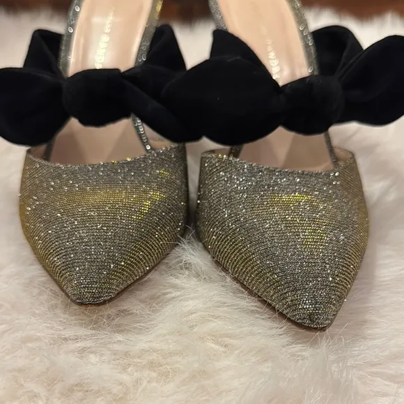 Loeffler Randall Silver and Black Kitten Heels with Bow Mule Size 8 pre-owned.
