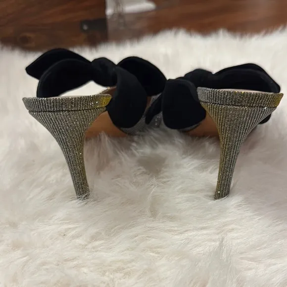 Loeffler Randall Silver and Black Kitten Heels with Bow Mule Size 8 pre-owned.