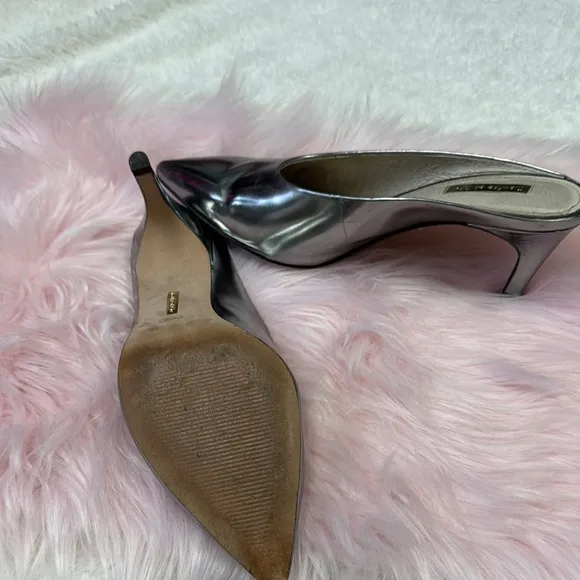 Louise et Cie Silver Pointed Toe Mules with Kitten Heel