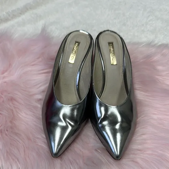 Louise et Cie Silver Pointed Toe Mules with Kitten Heel