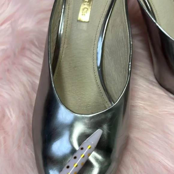 Louise et Cie Silver Pointed Toe Mules with Kitten Heel