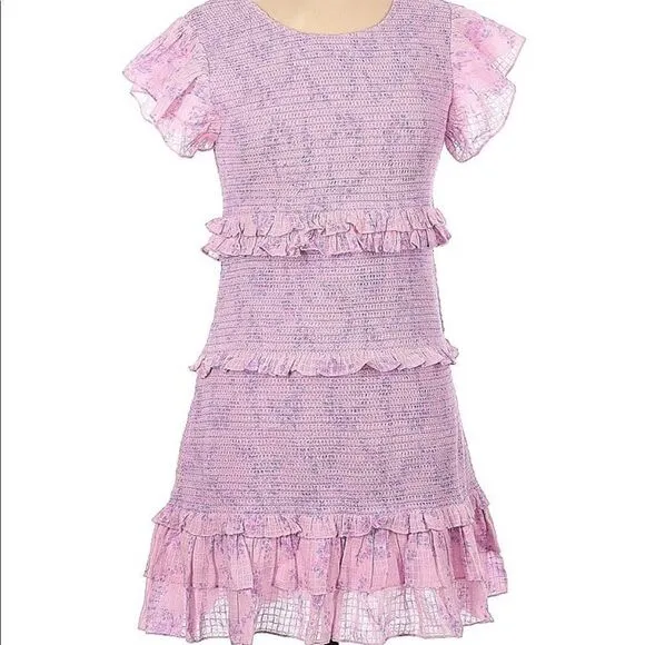 LoveShackFancy Aveline smocked pink purple micro floral ruffle mini dress large