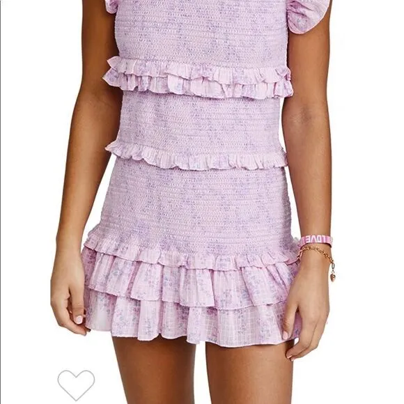LoveShackFancy Aveline smocked pink purple micro floral ruffle mini dress large
