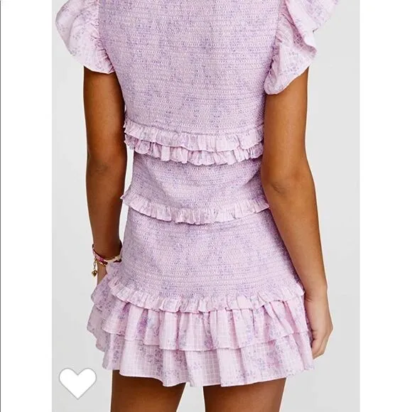 LoveShackFancy Aveline smocked pink purple micro floral ruffle mini dress large