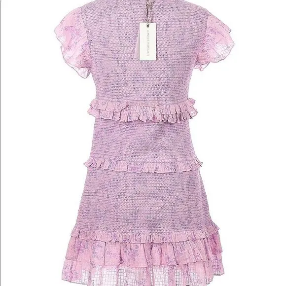 LoveShackFancy Aveline smocked pink purple micro floral ruffle mini dress large