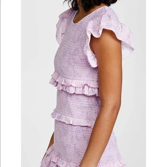 LoveShackFancy Aveline smocked pink purple micro floral ruffle mini dress large