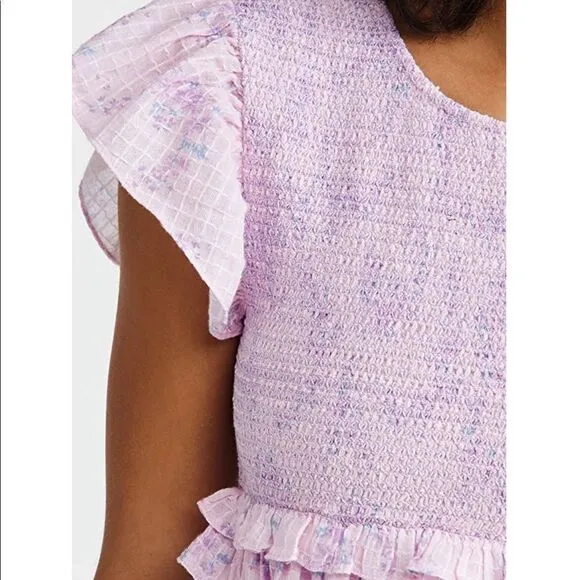 LoveShackFancy Aveline smocked pink purple micro floral ruffle mini dress large
