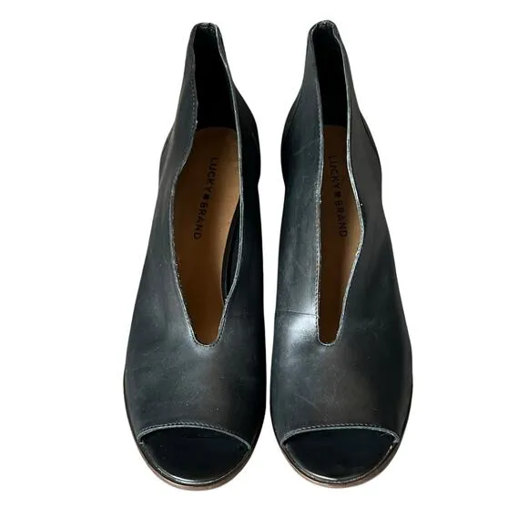 Lucky Brand Joal Ankle Bootie Womens 11 Black Leather Stacked Heel Open Toe