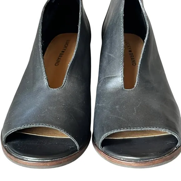 Lucky Brand Joal Ankle Bootie Womens 11 Black Leather Stacked Heel Open Toe