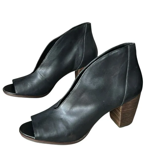 Lucky Brand Joal Ankle Bootie Womens 11 Black Leather Stacked Heel Open Toe