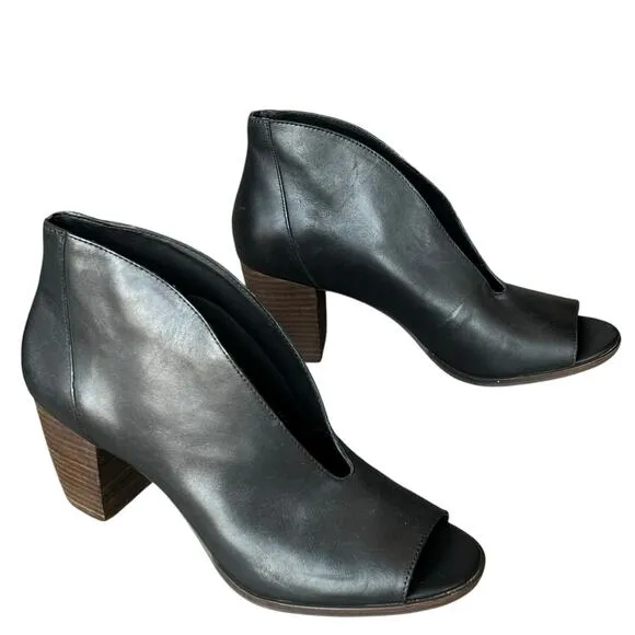Lucky Brand Joal Ankle Bootie Womens 11 Black Leather Stacked Heel Open Toe