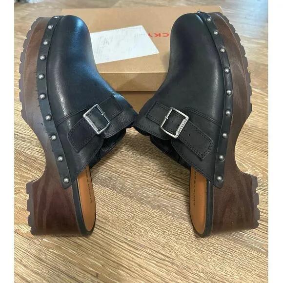 LUCKY BRAND NWB Black Leather Belvy Studded Platform Buckle Clogs Size 10