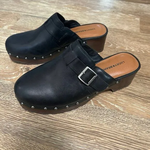 LUCKY BRAND NWB Black Leather Belvy Studded Platform Buckle Clogs Size 10