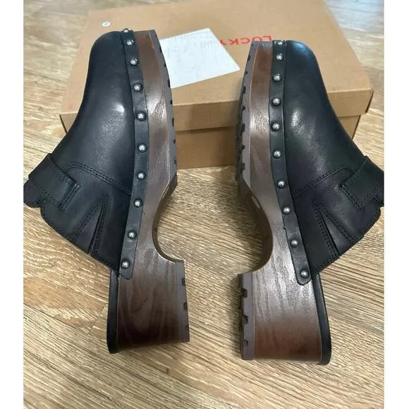 LUCKY BRAND NWB Black Leather Belvy Studded Platform Buckle Clogs Size 10