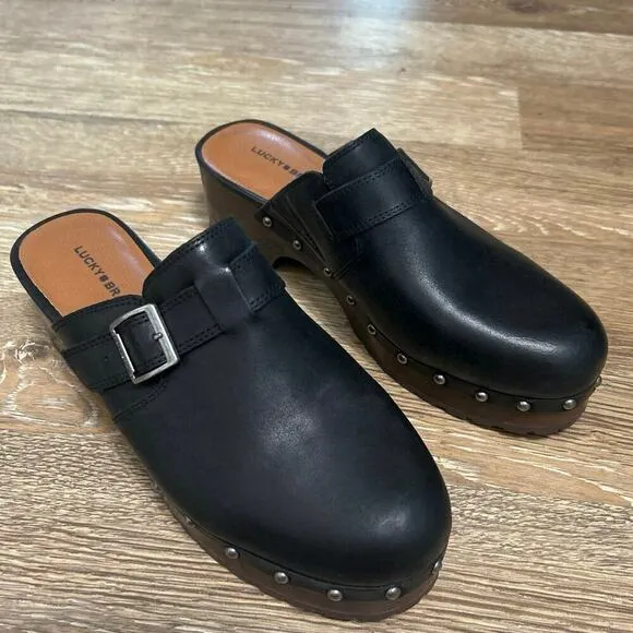 LUCKY BRAND NWB Black Leather Belvy Studded Platform Buckle Clogs Size 10