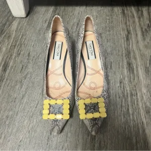 Lucy choi snakeskin print leather pointed toe kitten brooch heels