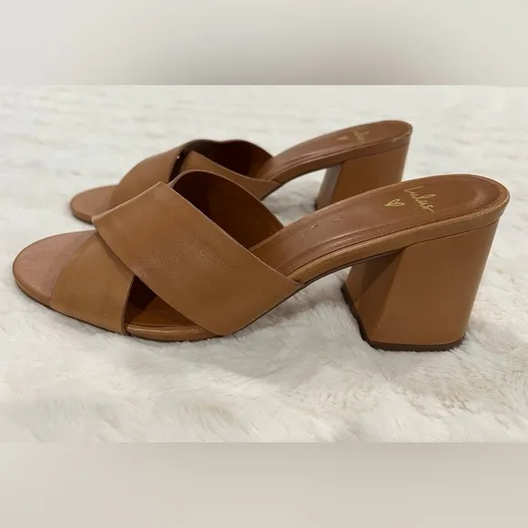 Lulus Henri Cognac Vachetta Leather Peep-Toe Mules