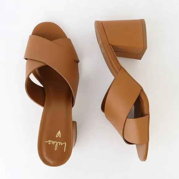 Lulus Henri Cognac Vachetta Leather Peep-Toe Mules