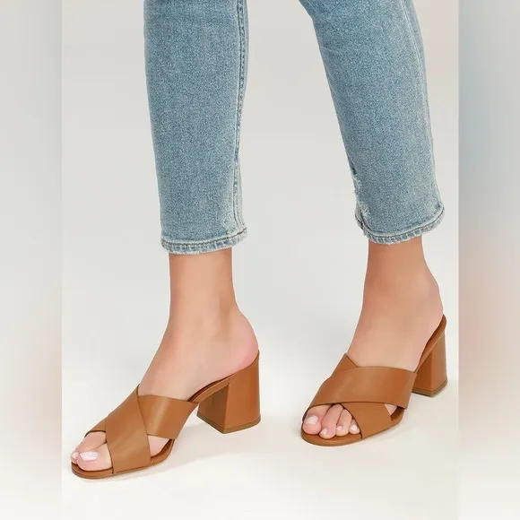 Lulus Henri Cognac‎ Vachetta Leather Peep-Toe Mules