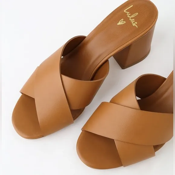 Lulus Henri Cognac Vachetta Leather Peep-Toe Mules