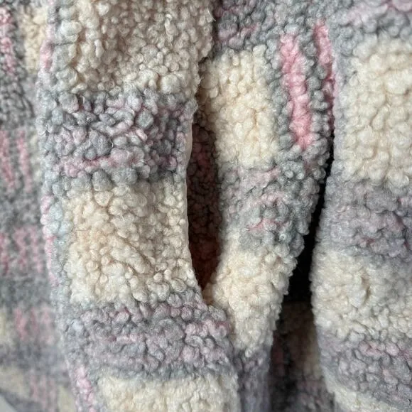 Lulus Winter Winds Plaid Fuzzy Teddy Shearling Jacket Beige Pink Coat Size XL