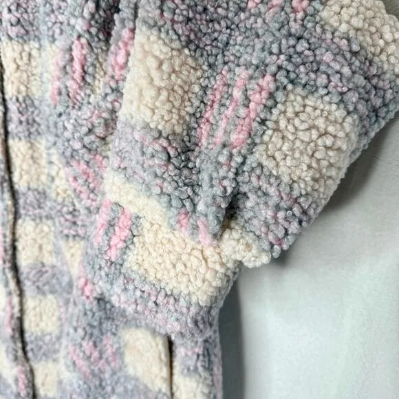 Lulus Winter Winds Plaid Fuzzy Teddy Shearling Jacket Beige Pink Coat Size XL
