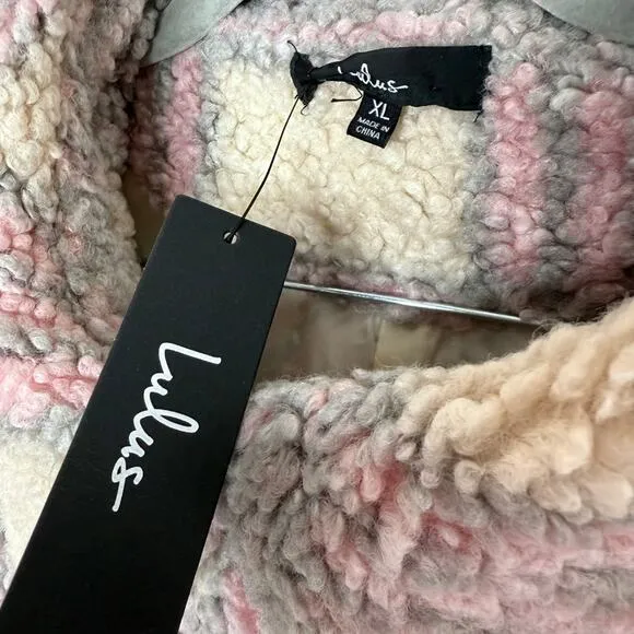 Lulus Winter Winds Plaid Fuzzy Teddy Shearling Jacket Beige Pink Coat Size XL