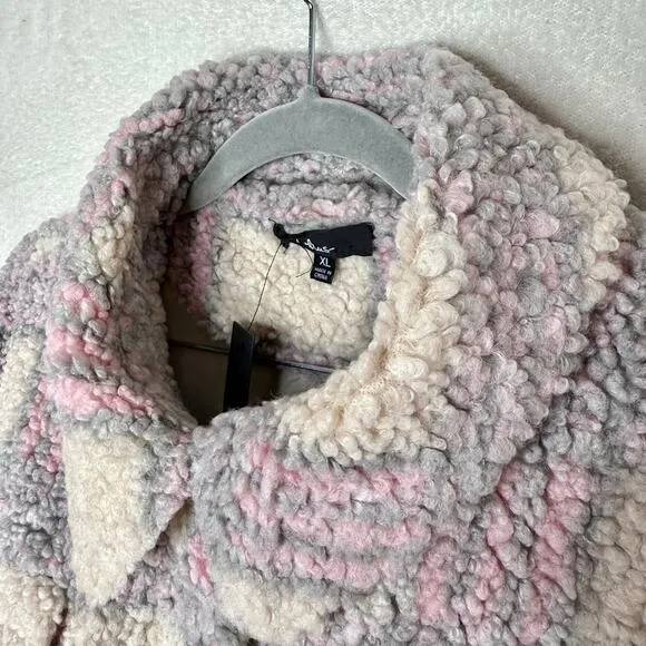 Lulus Winter Winds Plaid Fuzzy Teddy Shearling Jacket Beige Pink Coat Size XL