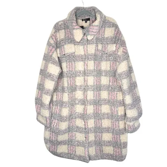 Lulus Winter Winds Plaid Fuzzy Teddy Shearling Jacket Beige Pink Coat Size XL