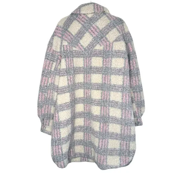 Lulus Winter Winds Plaid Fuzzy Teddy Shearling Jacket Beige Pink Coat Size XL
