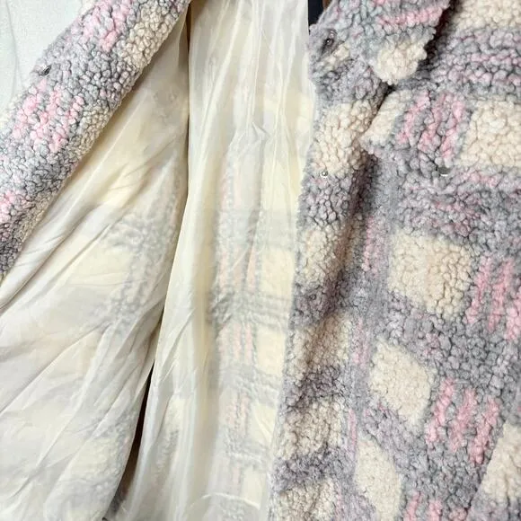 Lulus Winter Winds Plaid Fuzzy Teddy Shearling Jacket Beige Pink Coat Size XL