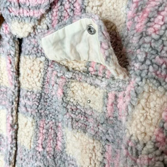 Lulus Winter Winds Plaid Fuzzy Teddy Shearling Jacket Beige Pink Coat Size XL