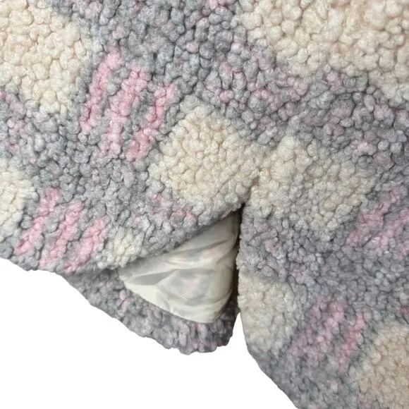 Lulus Winter Winds Plaid Fuzzy Teddy Shearling Jacket Beige Pink Coat Size XL