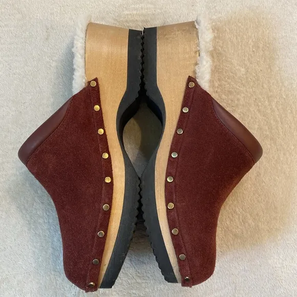 M. Gemi Burgundy “Greta”  Suede Clogs with Shearling Lining Sz 41