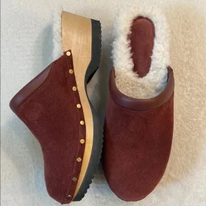 M. Gemi Burgundy “Greta”  Suede Clogs with Shearling Lining Sz 41