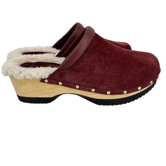 M. Gemi Suede Greta Shearling Lined Slip On Clogs Red White Size 41