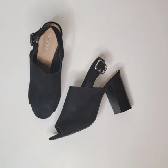 MADDEN GIRL Hana Black suede slingback stacked heel peep toe heels Size 8